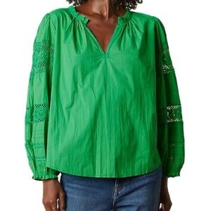 Kelly Green Lace Embroidered Cotton‎ Peasant Blouse Boho Chic Flowy Medium